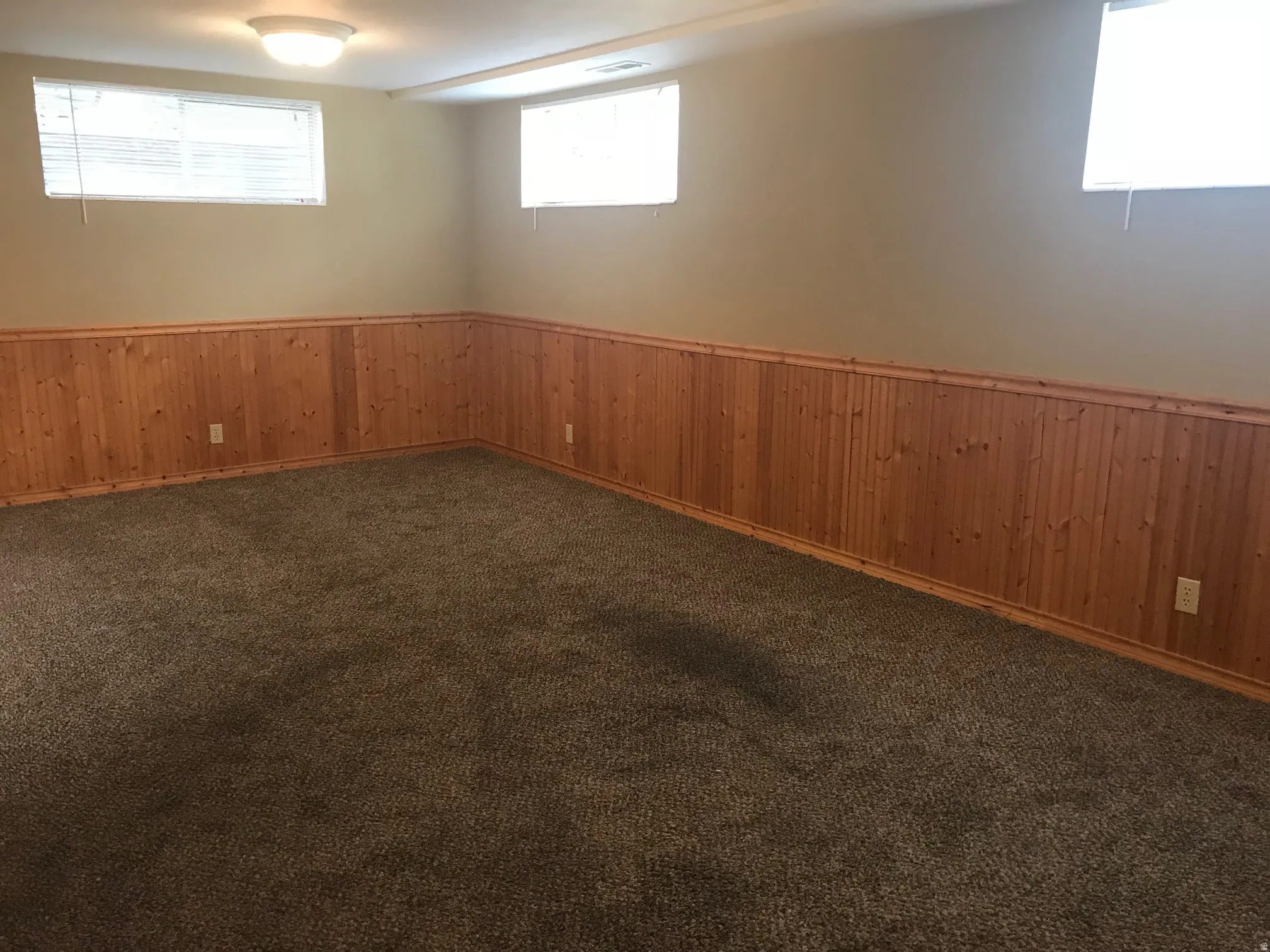 Recessed lighting, wood paneling, neutral wall paint, and carpeted flooring