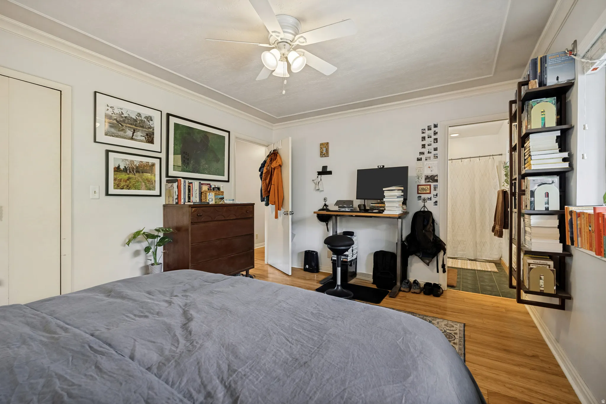 Wood-finish flooring, ceiling fan with integrated lighting, crown molding, and a built-in wall shelf