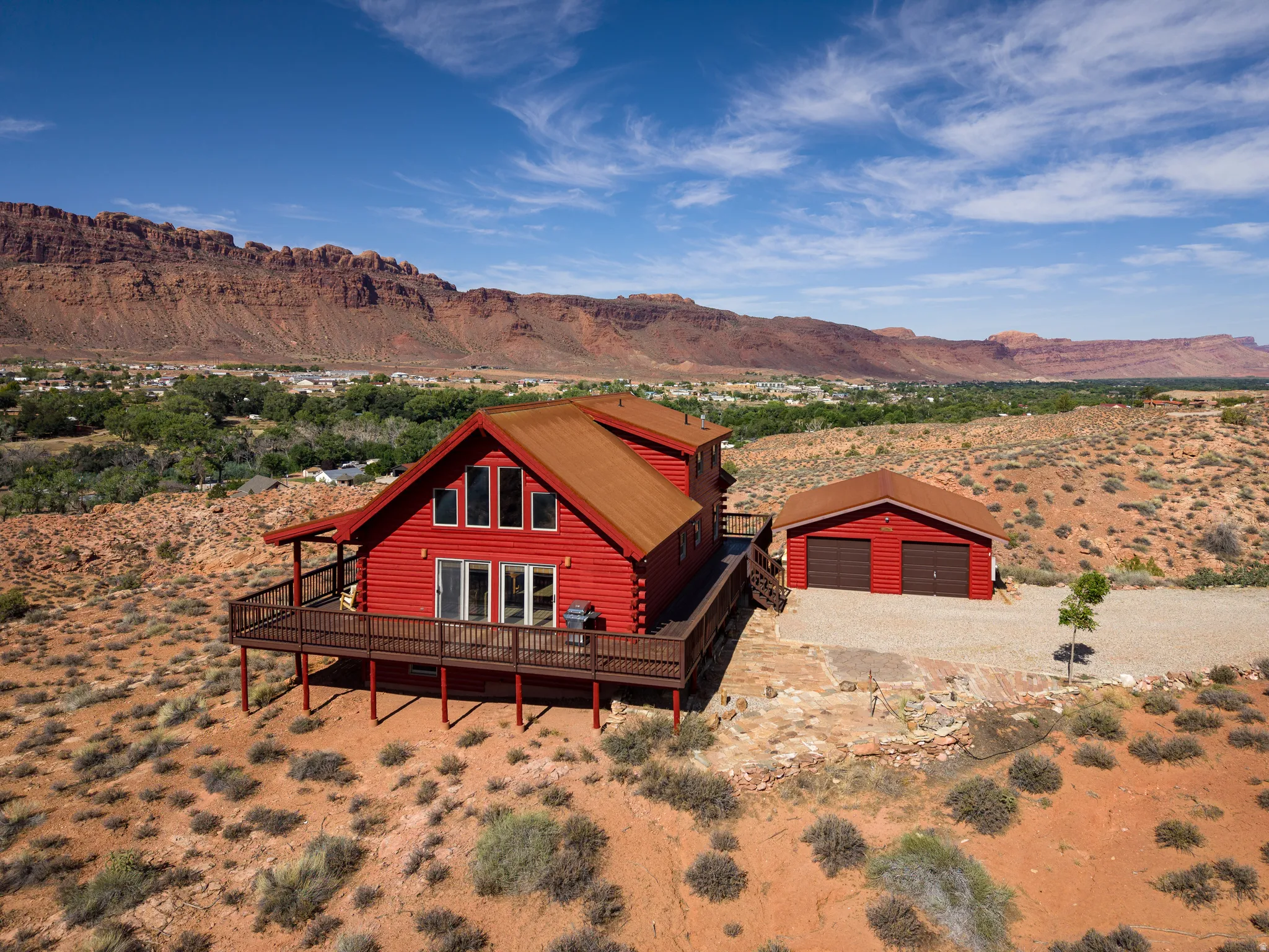 Red exterior with a contrasting brown roof
