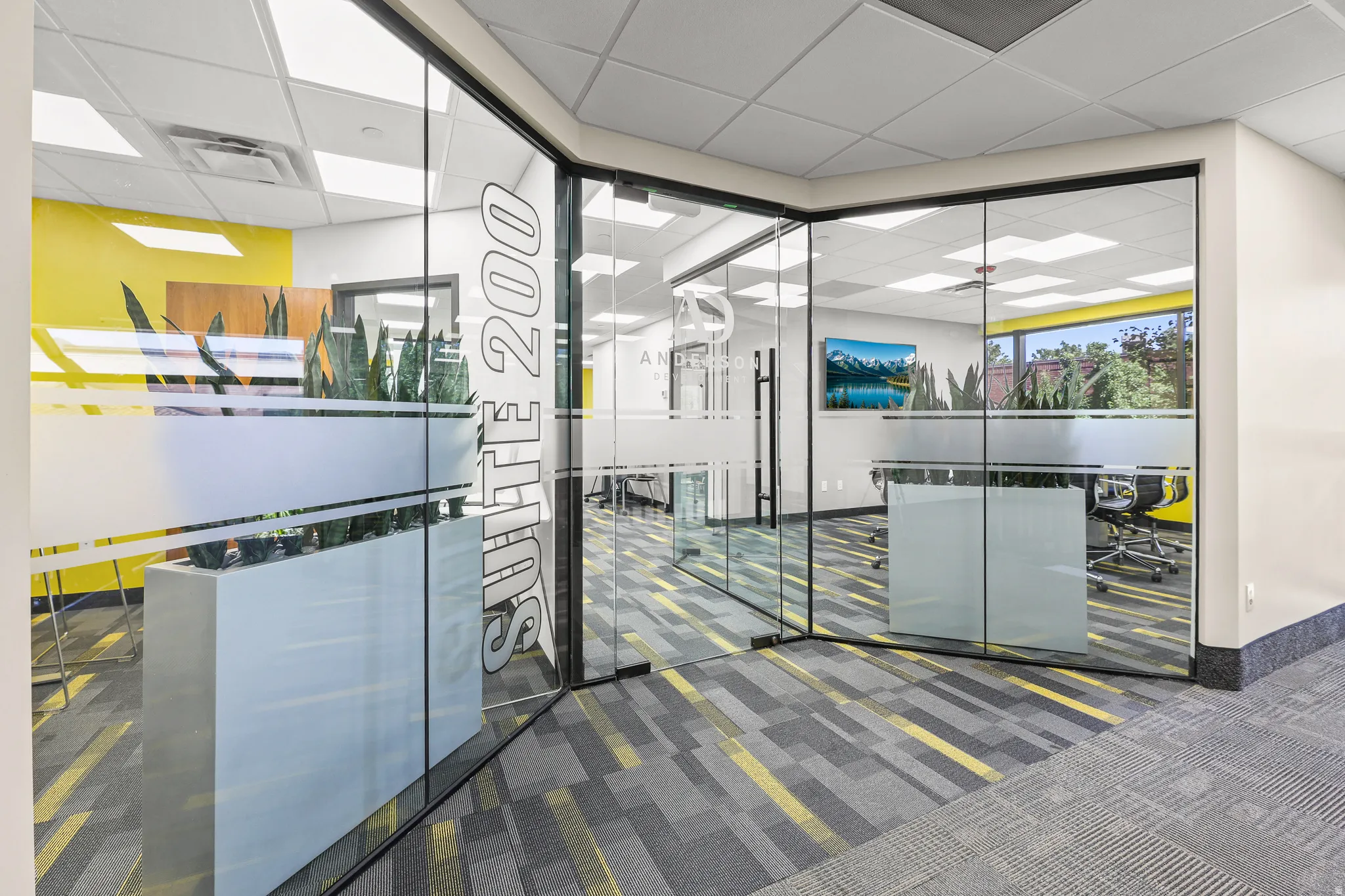 Glass-enclosed office space featuring a frosted entry door with suite number, acoustic ceiling tiles with recessed lighting, patterned carpet flooring, and a window with exterior views