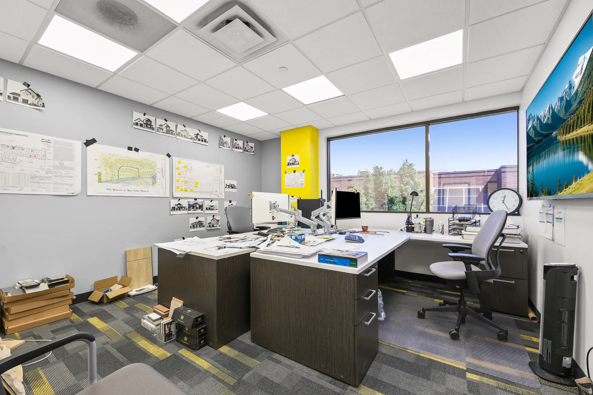Expansive window line, modular ceiling tiles with recessed lighting, patterned carpet flooring, and a feature wall