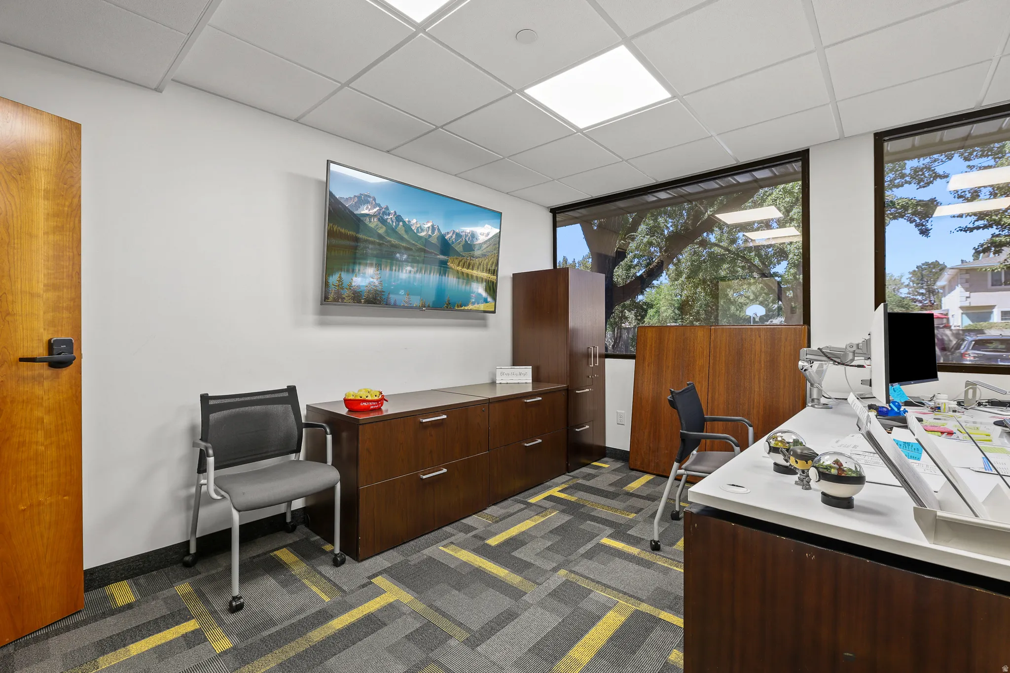 Windowed office space featuring wood-finish cabinetry, a wall-mounted display, and patterned carpeting