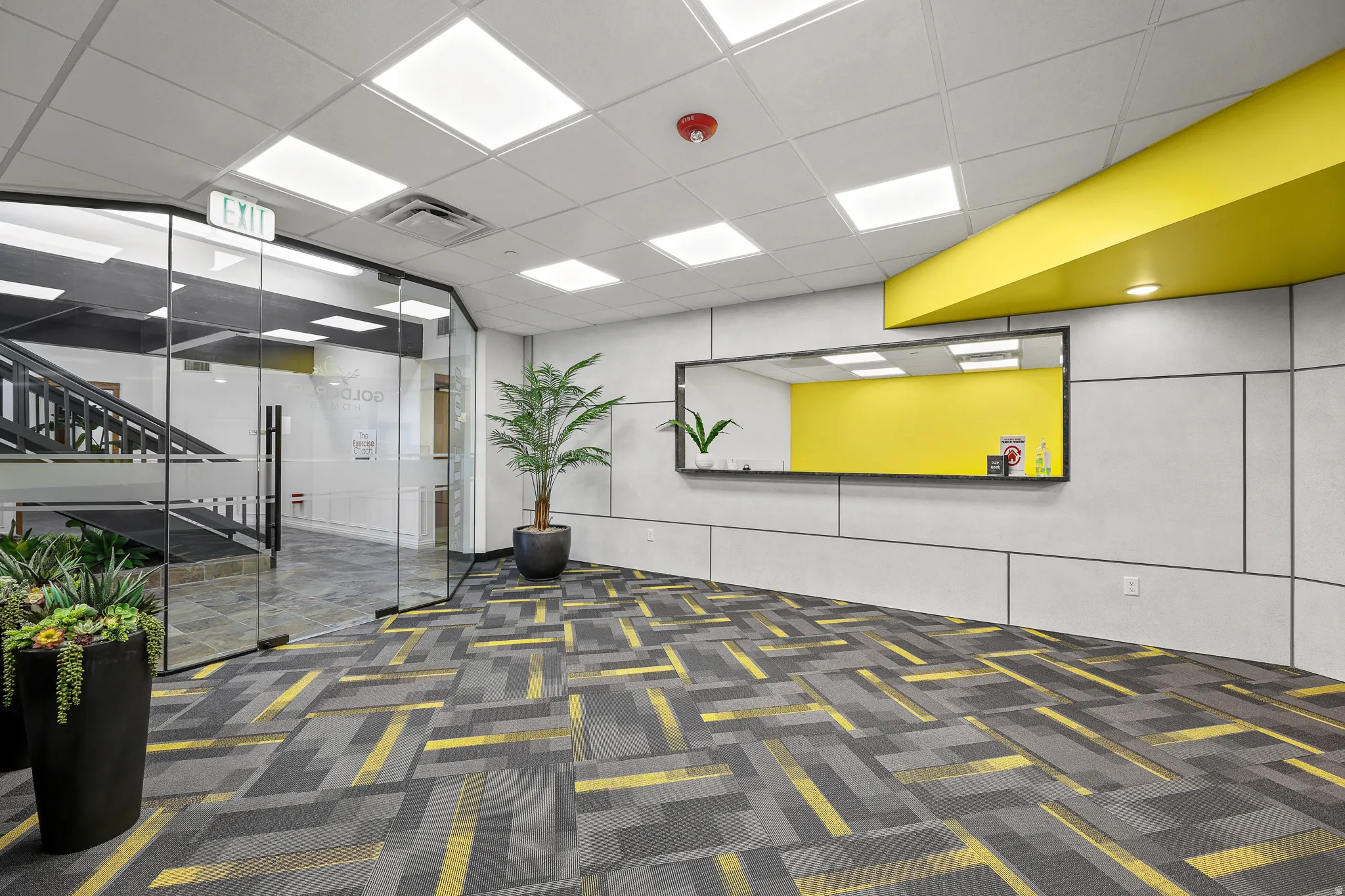 Modern interior featuring geometric pattern carpeting, paneled accent wall, recessed ceiling lighting, and a full-length wall mirror