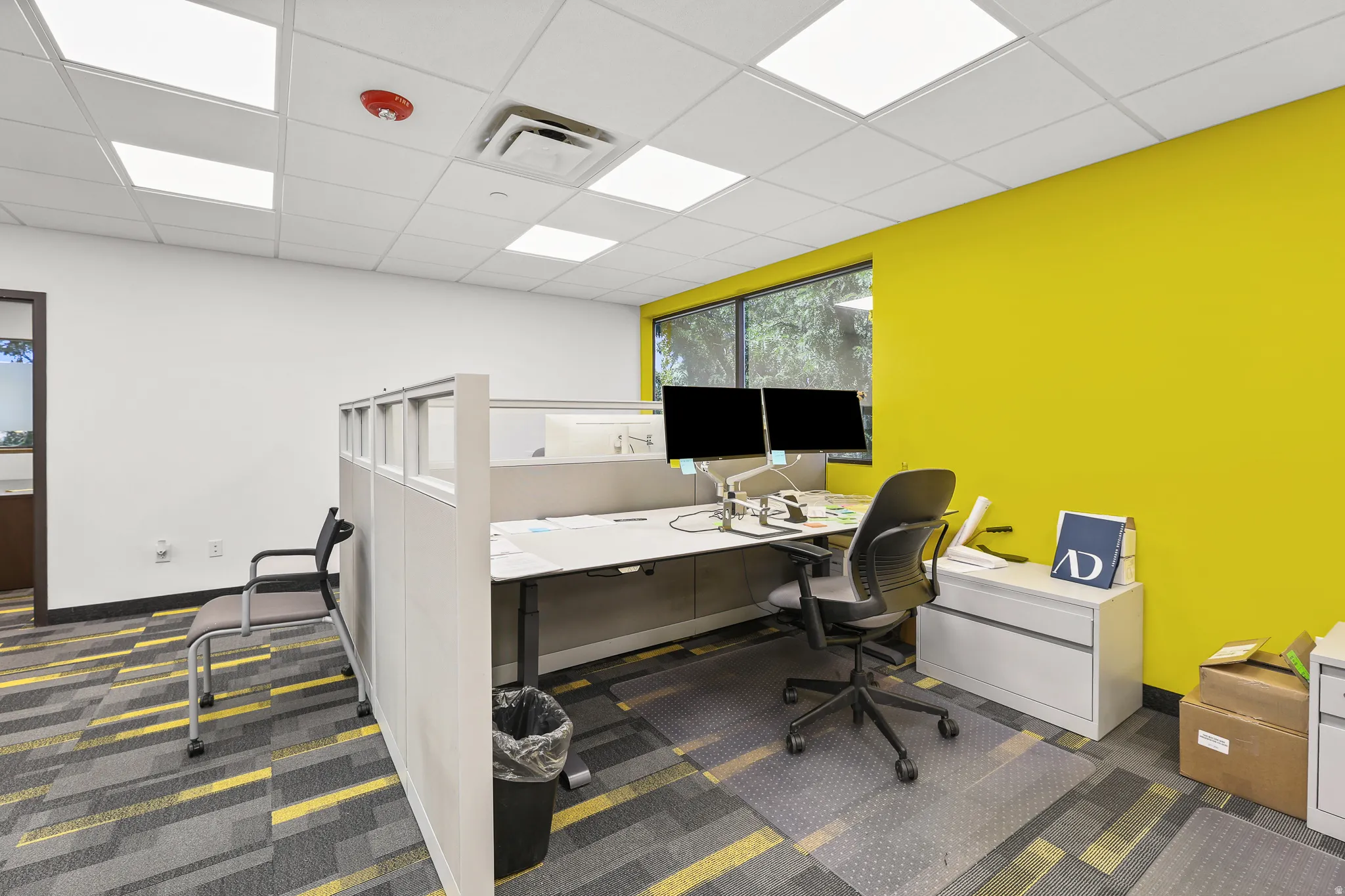 Modular office space with a window wall, patterned carpet flooring, and acoustic tile ceiling