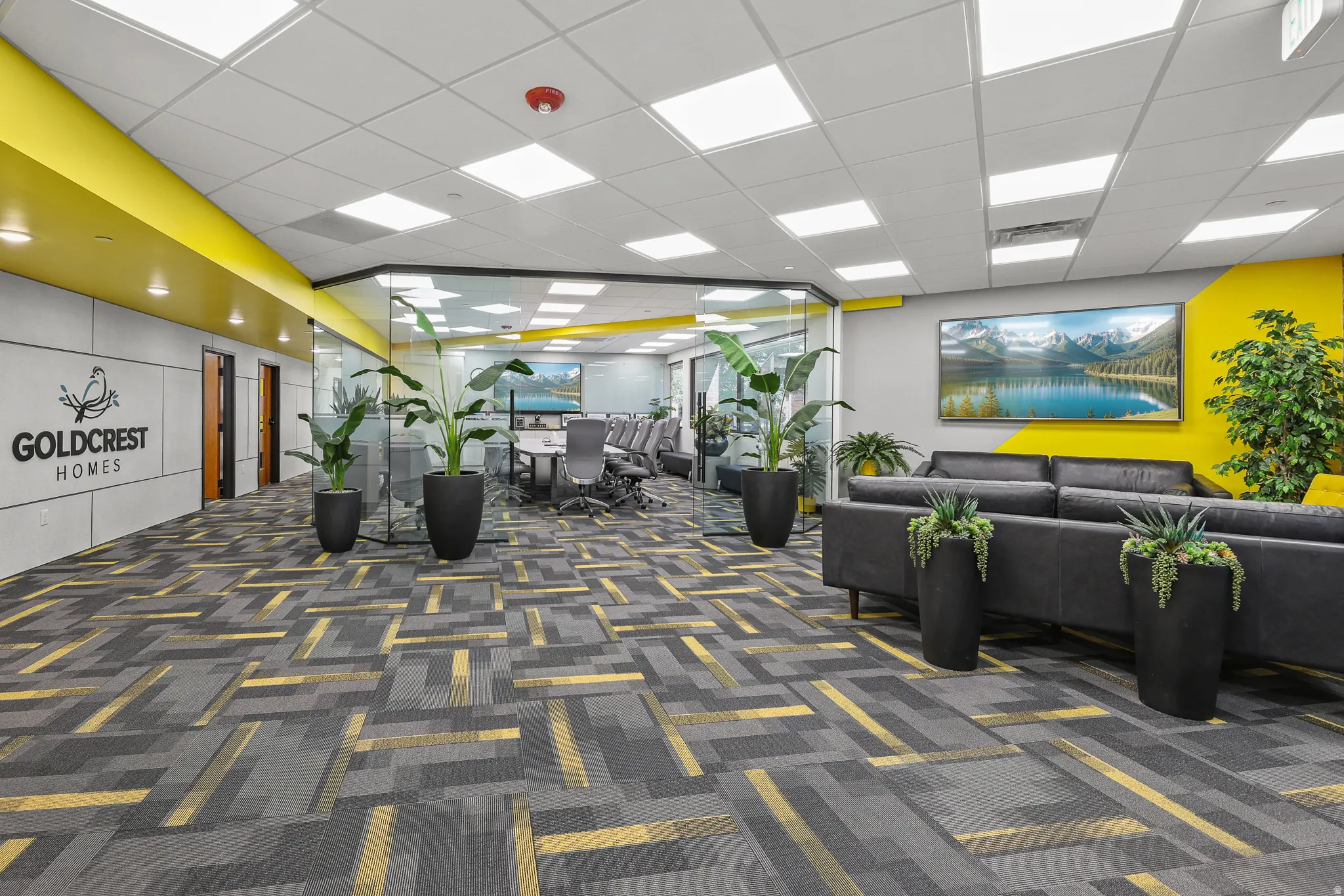 Open-plan commercial space featuring patterned carpeting, recessed ceiling lighting, a glass-partitioned conference room, and a distinct accent wall