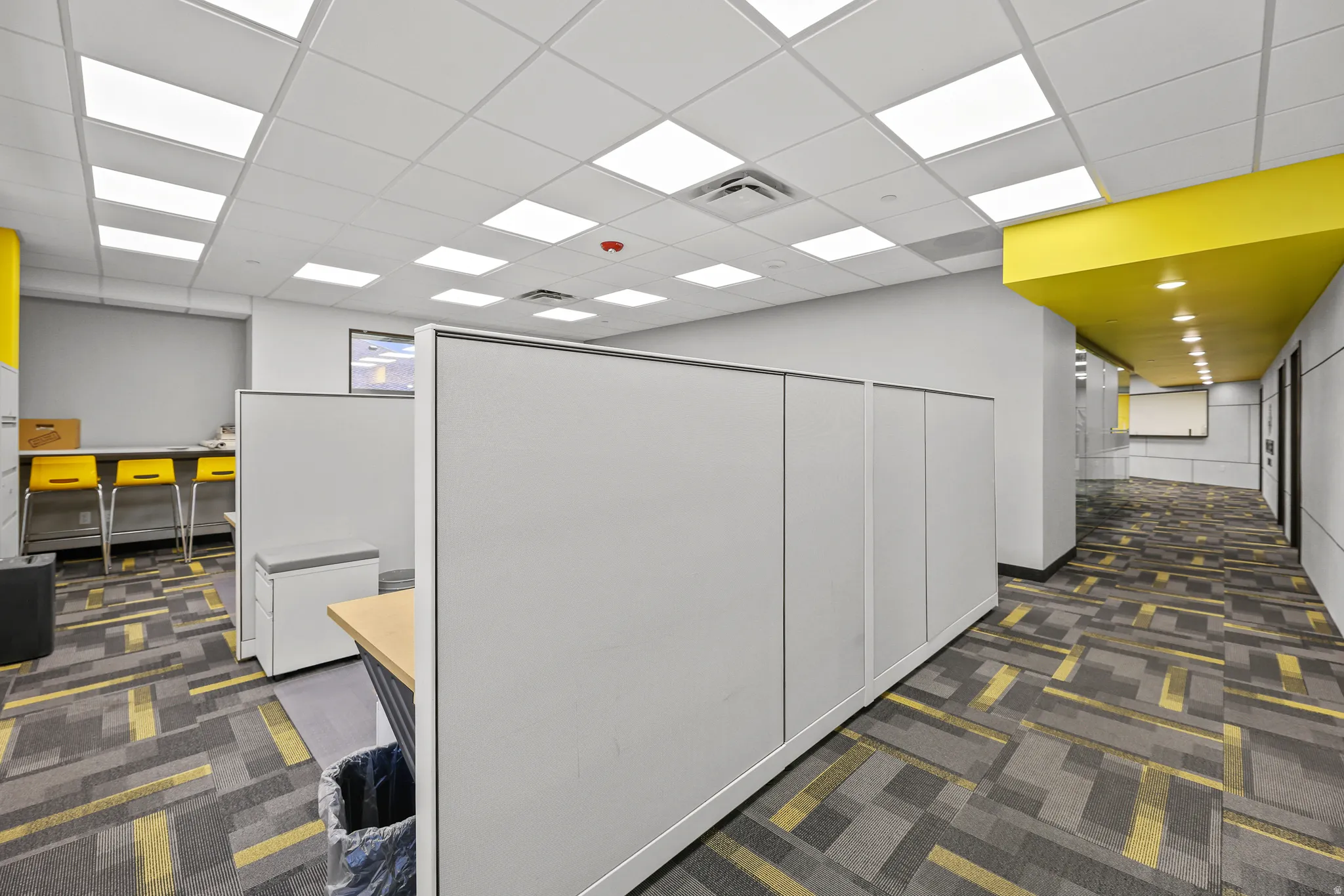 Acoustic tile ceiling, recessed lighting, modular wall partitions, patterned carpeting, and a yellow accent ceiling