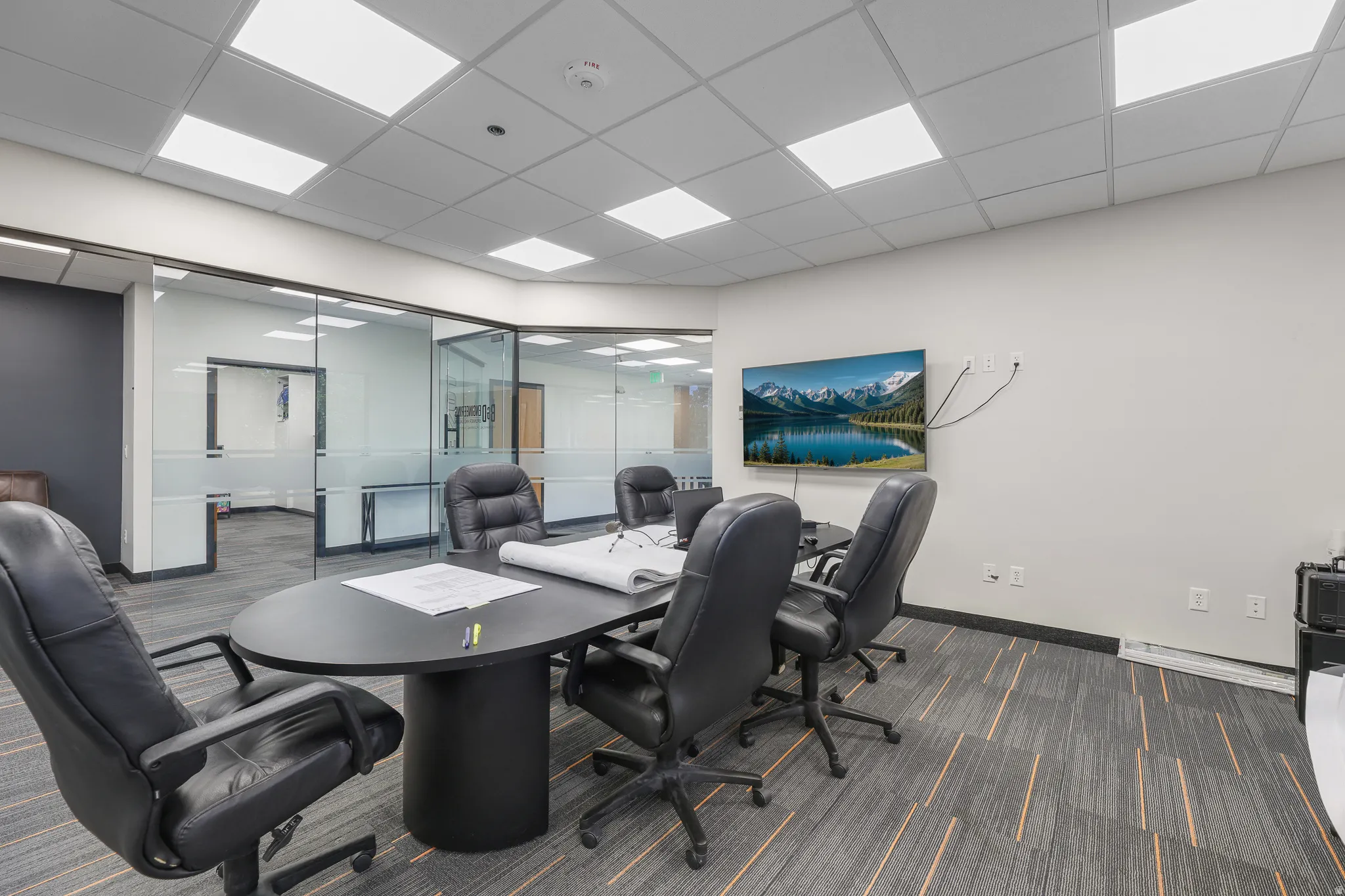Recessed ceiling lighting, glass partition walls, and textured carpet flooring