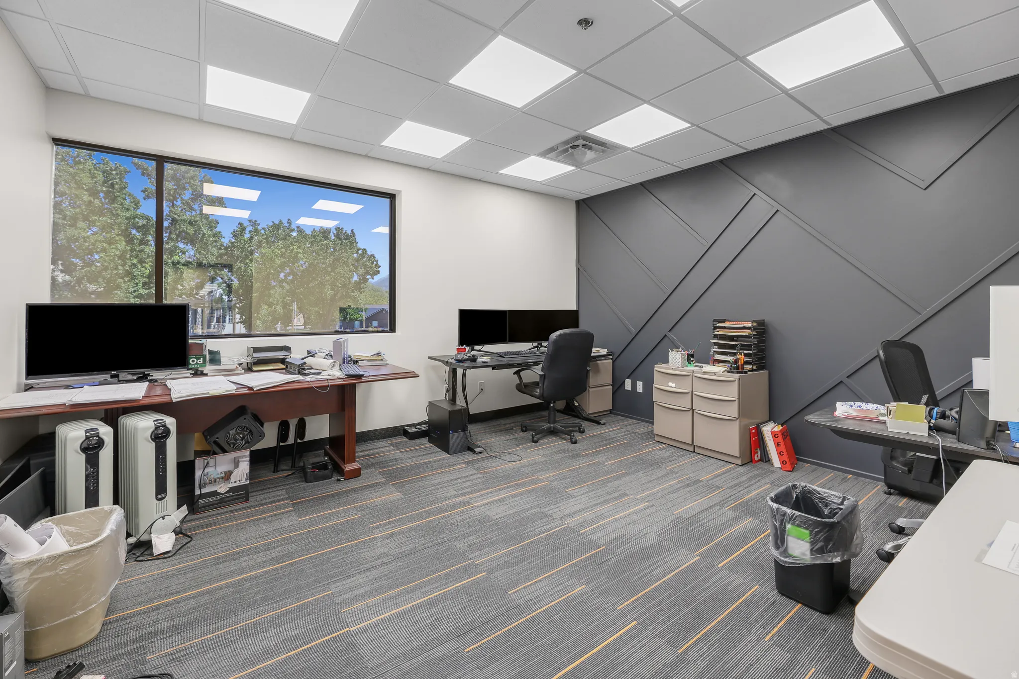 Expansive office space featuring a large window, patterned accent wall, modular acoustic ceiling, and commercial-grade carpet