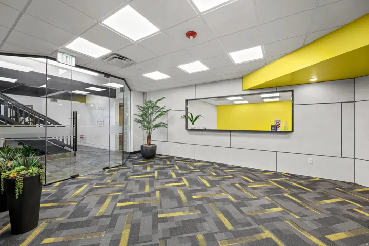 Modern interior featuring geometric pattern carpeting, paneled accent wall, recessed ceiling lighting, and a full-length wall mirror