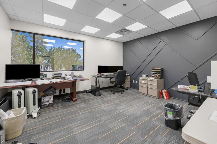 Expansive office space featuring a large window, patterned accent wall, modular acoustic ceiling, and commercial-grade carpet