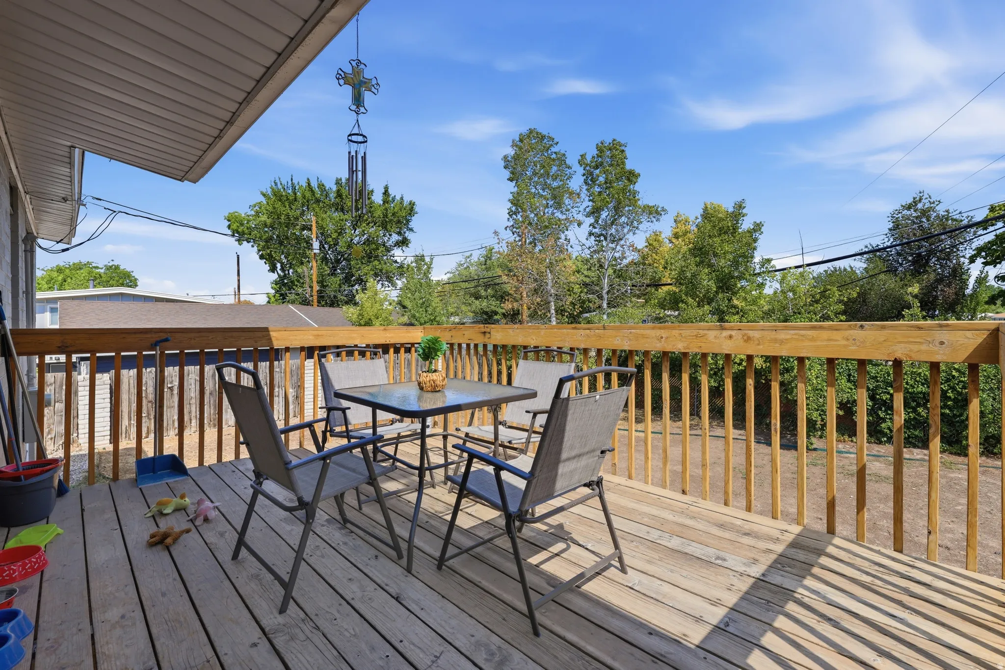 Outdoor wood deck with wood railing