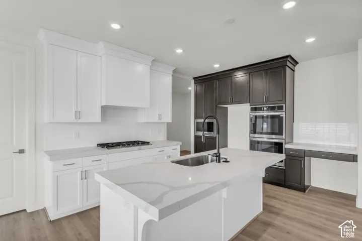 Kitchen featuring a large island with an integrated sink, white cabinetry, dark wood-finish cabinetry, and stainless steel built-in appliances