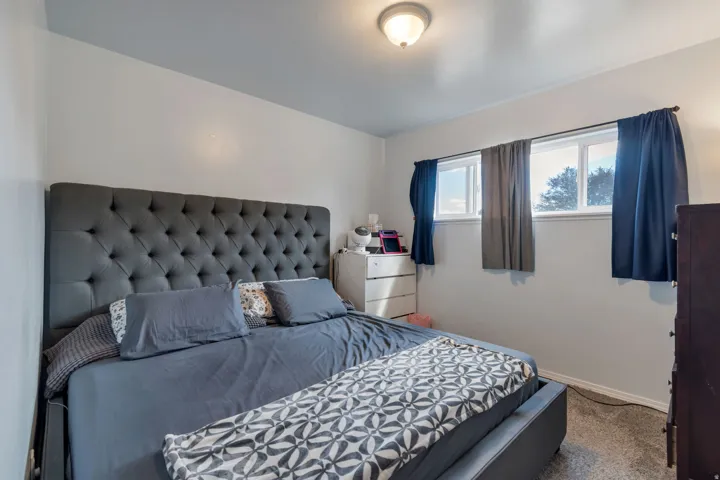 Carpeted flooring, two windows, and a flush mount ceiling light fixture