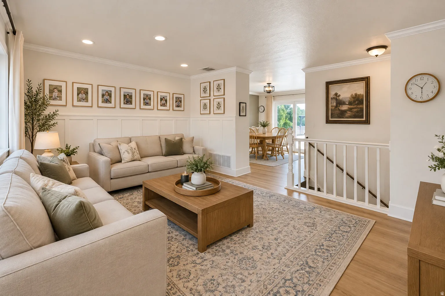 Living area featuring recessed lighting, extensive wainscoting, and wood-finish flooring