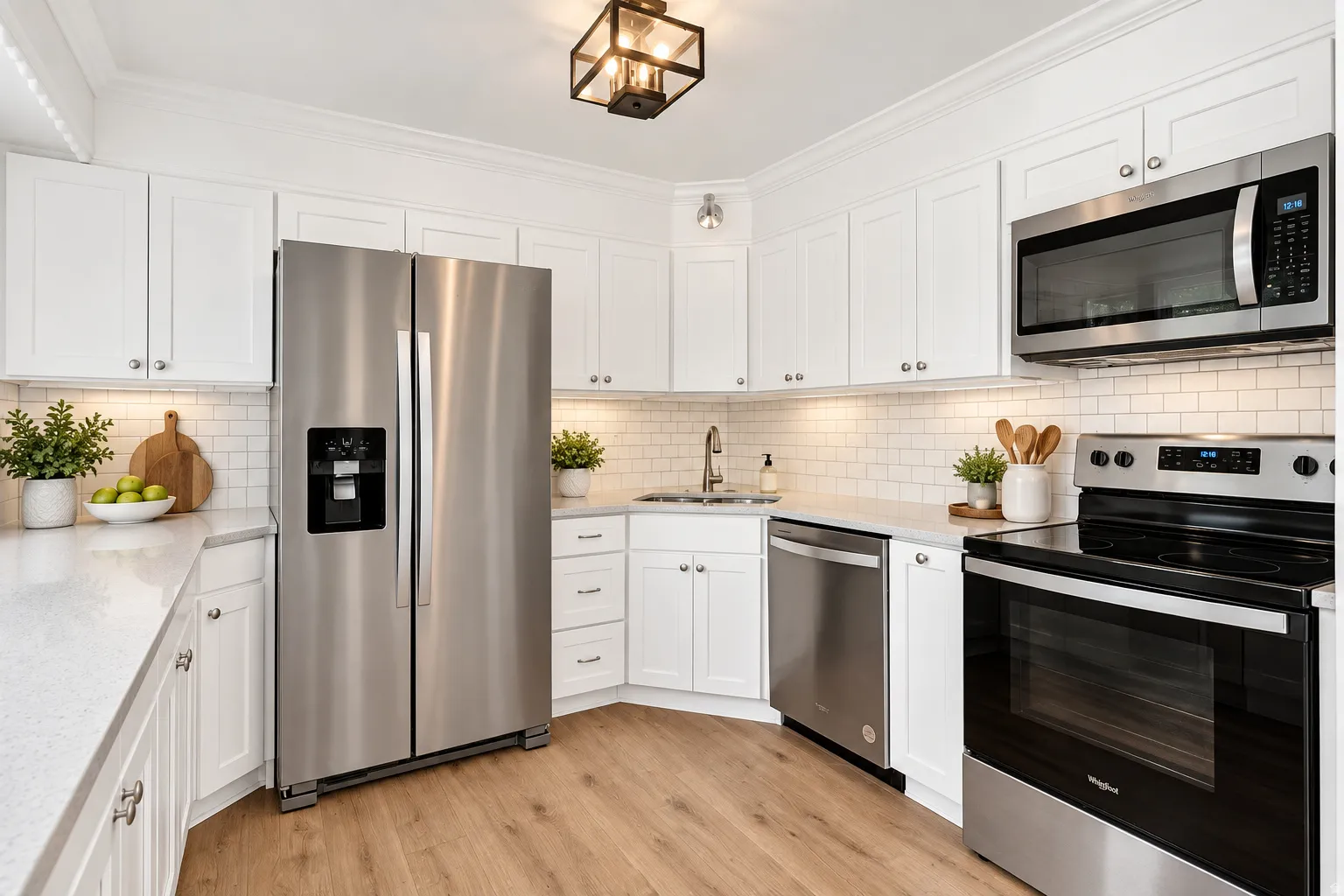 White shaker cabinetry, stainless steel appliances, light countertops, subway tile backsplash, and wood-finish flooring