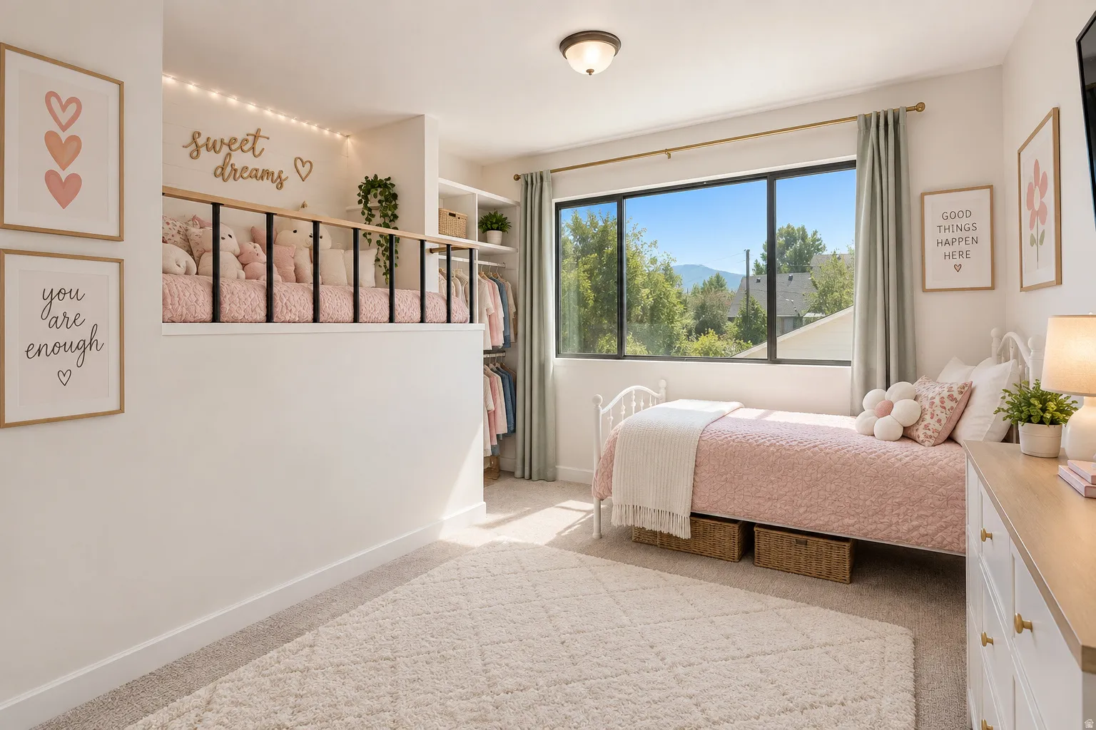 Carpeted room with a large window, built-in shelving, and a decorative railing