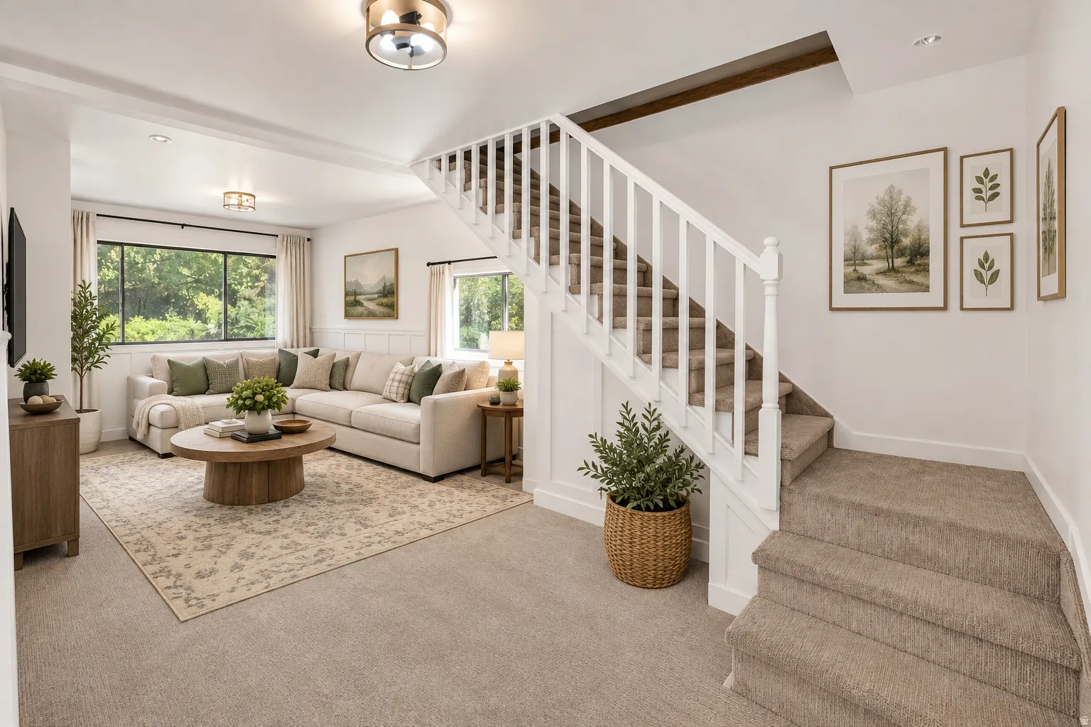Carpeted stairs with white balusters, wood-finish flooring, recessed lighting, and large windows