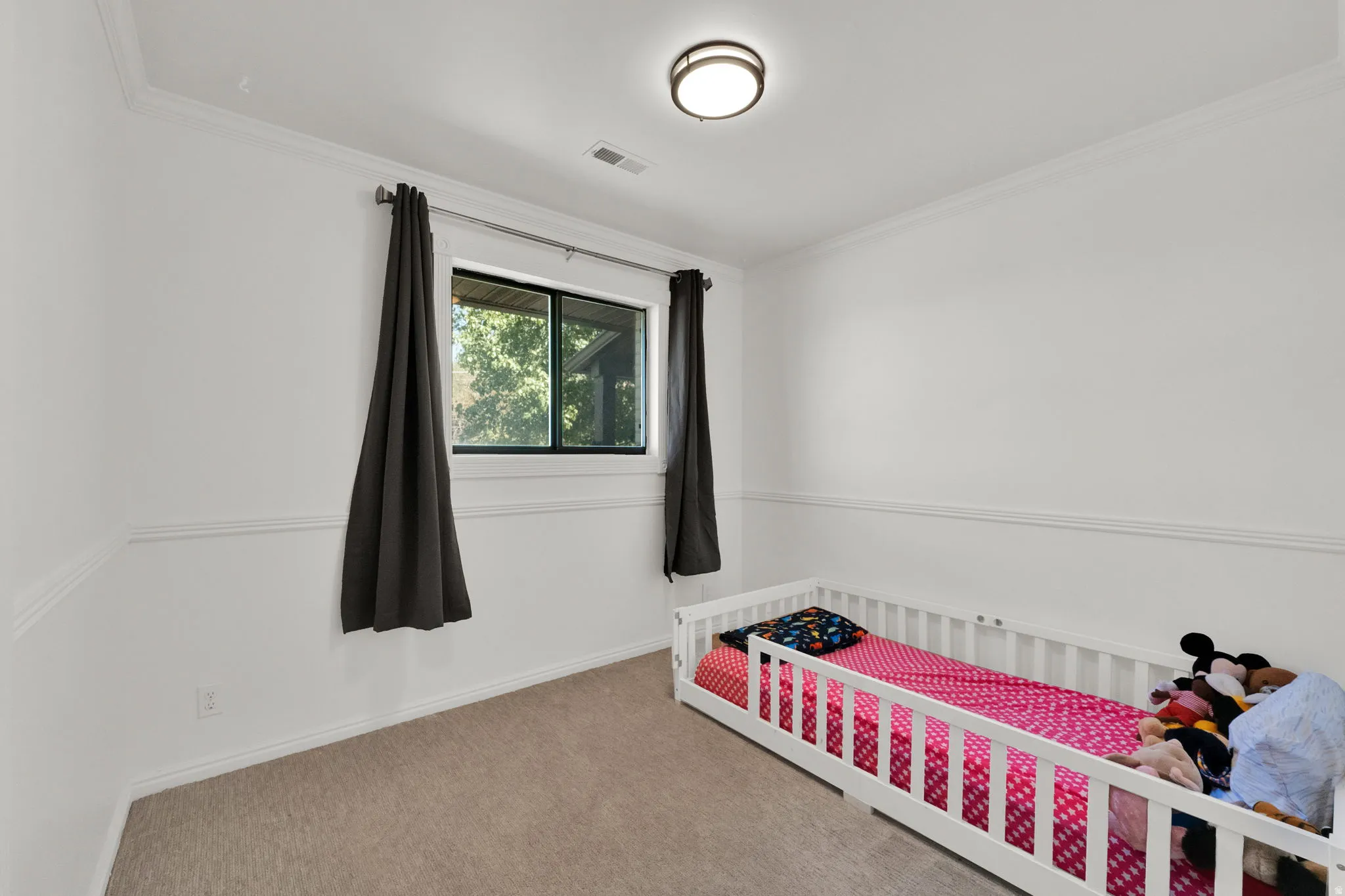 Wall-to-wall carpeting, crown molding, and a window with dark curtain panels