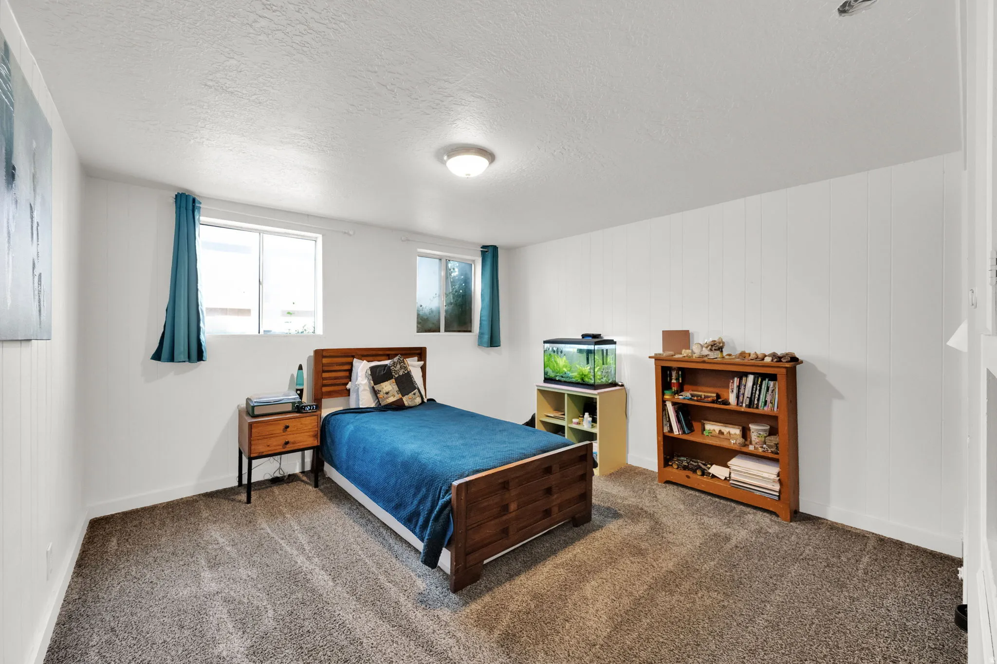 Plush carpeting, paneled walls, and two windows providing natural light