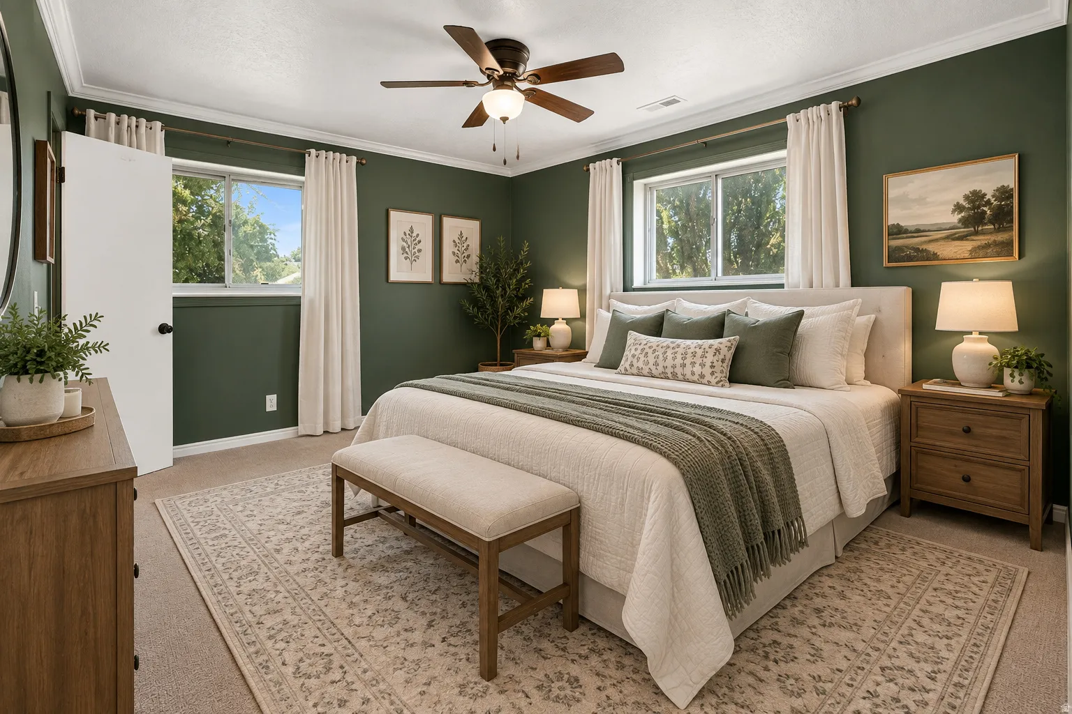 Two large windows with white trim, a ceiling fan with integrated lighting, crown molding, and carpeted flooring