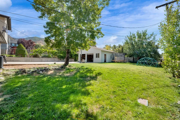 Expansive green lawn with mature trees and a detached structure