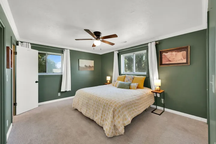 Carpeted room featuring multiple windows, a ceiling fan with integrated lighting, and crown molding