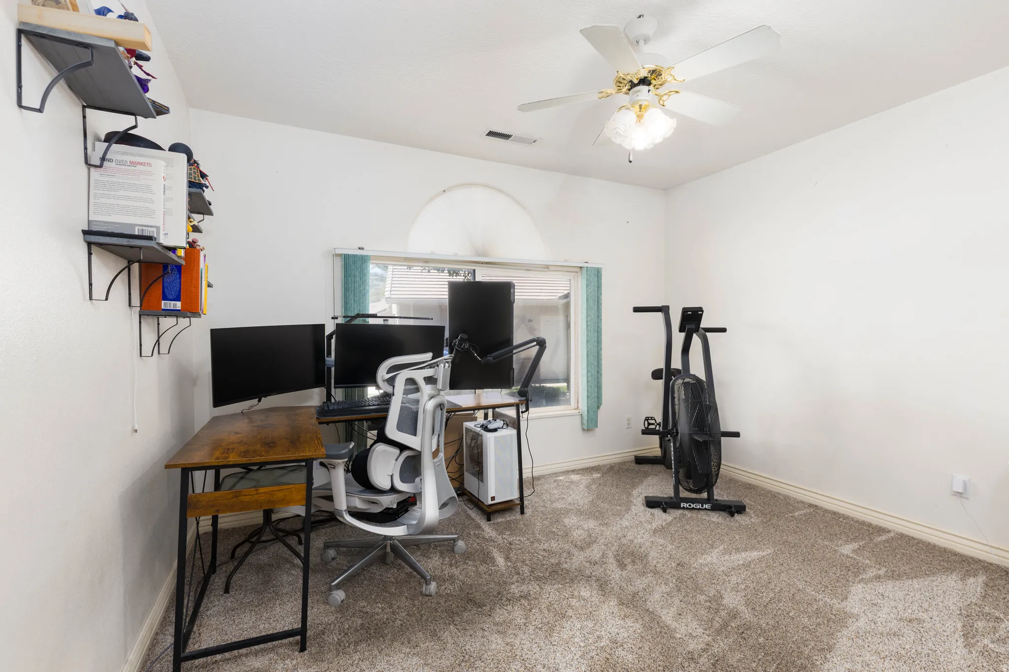 Carpeted room with a ceiling fan, arched window feature, and wall-mounted shelving