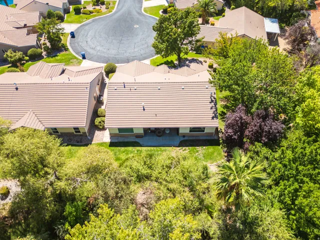 Aerial perspective showcasing a residential property with a tiled roof, surrounded by mature trees and lush green landscaping