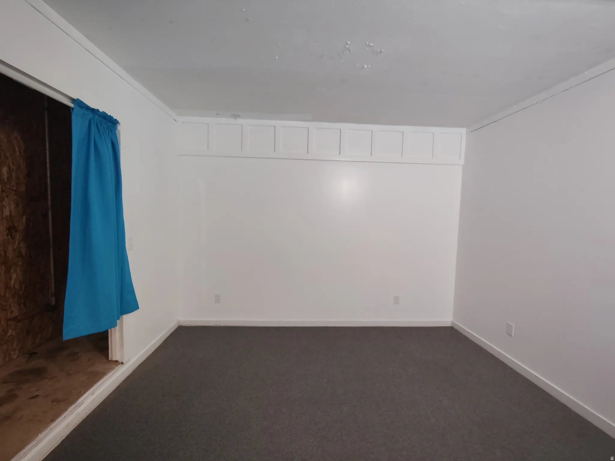 White painted walls with decorative trim and gray carpeting