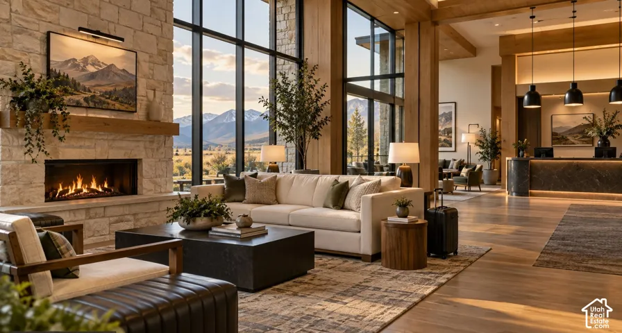 Stone-clad fireplace with a wood mantel