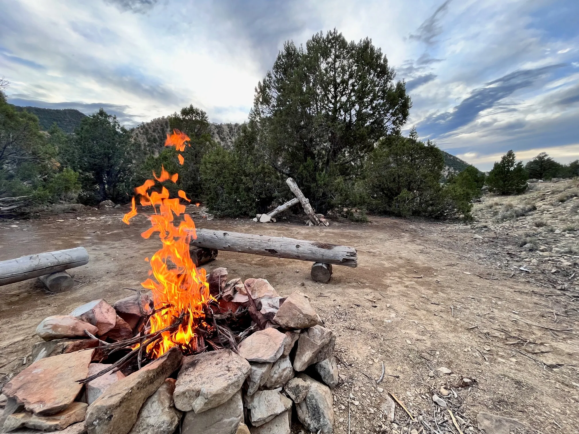 Outdoor gathering area with a stone-lined fire pit and natural log seating