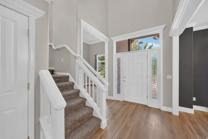 Entryway with wood-finish flooring, a white paneled front door with sidelights, and a staircase featuring carpeted treads and white railings