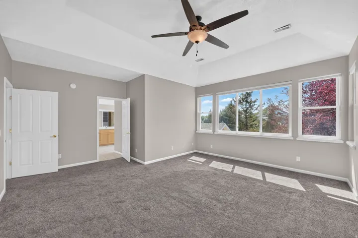 Vaulted ceiling with a ceiling fan, carpet flooring, and multiple windows
