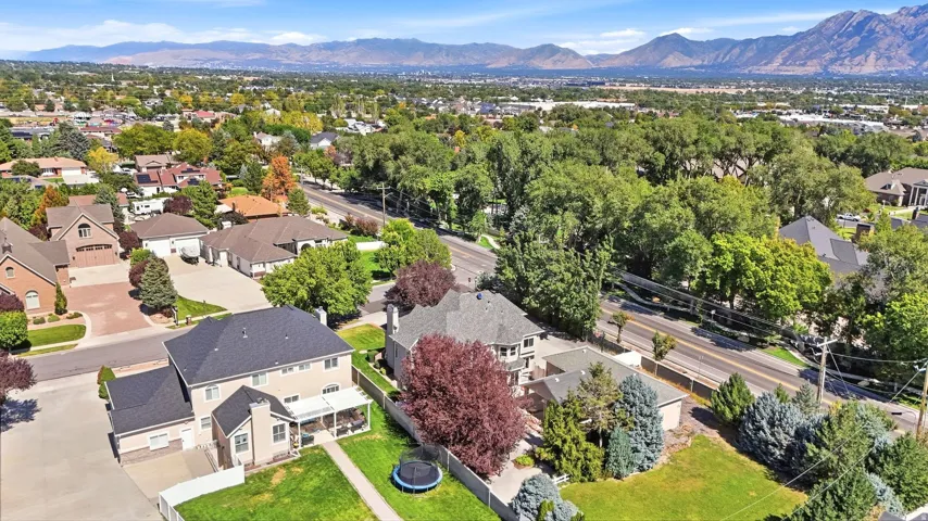 Expansive residential area with mature trees and mountain backdrop