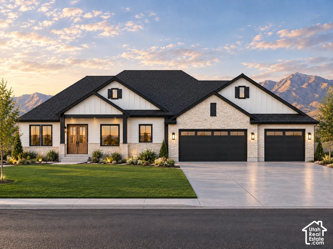 Modern farmhouse-style exterior featuring stone and vertical panel siding, dark shingle roof, double wood-finish entry doors, and a three-car garage