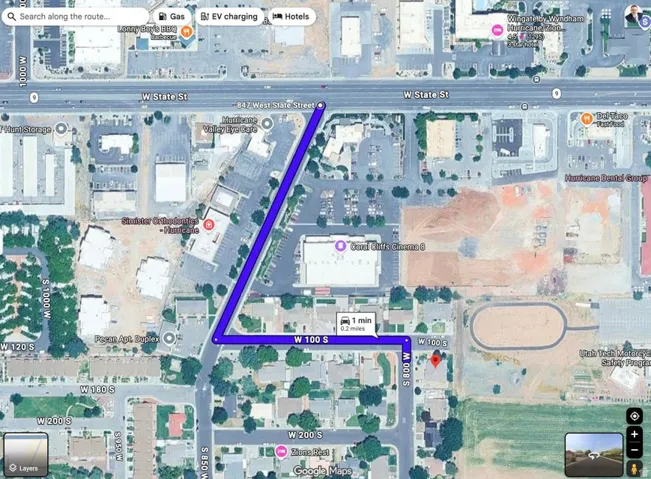 Map, Route. Displaying a geographical area with a highlighted path and labeled streets