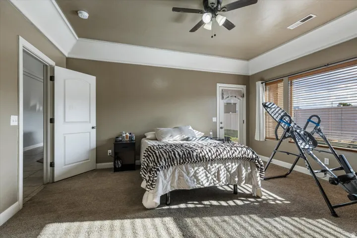 Carpeted room featuring a tray ceiling, ceiling fan with integrated lighting, a glass-paneled exterior door, and a large window with blinds