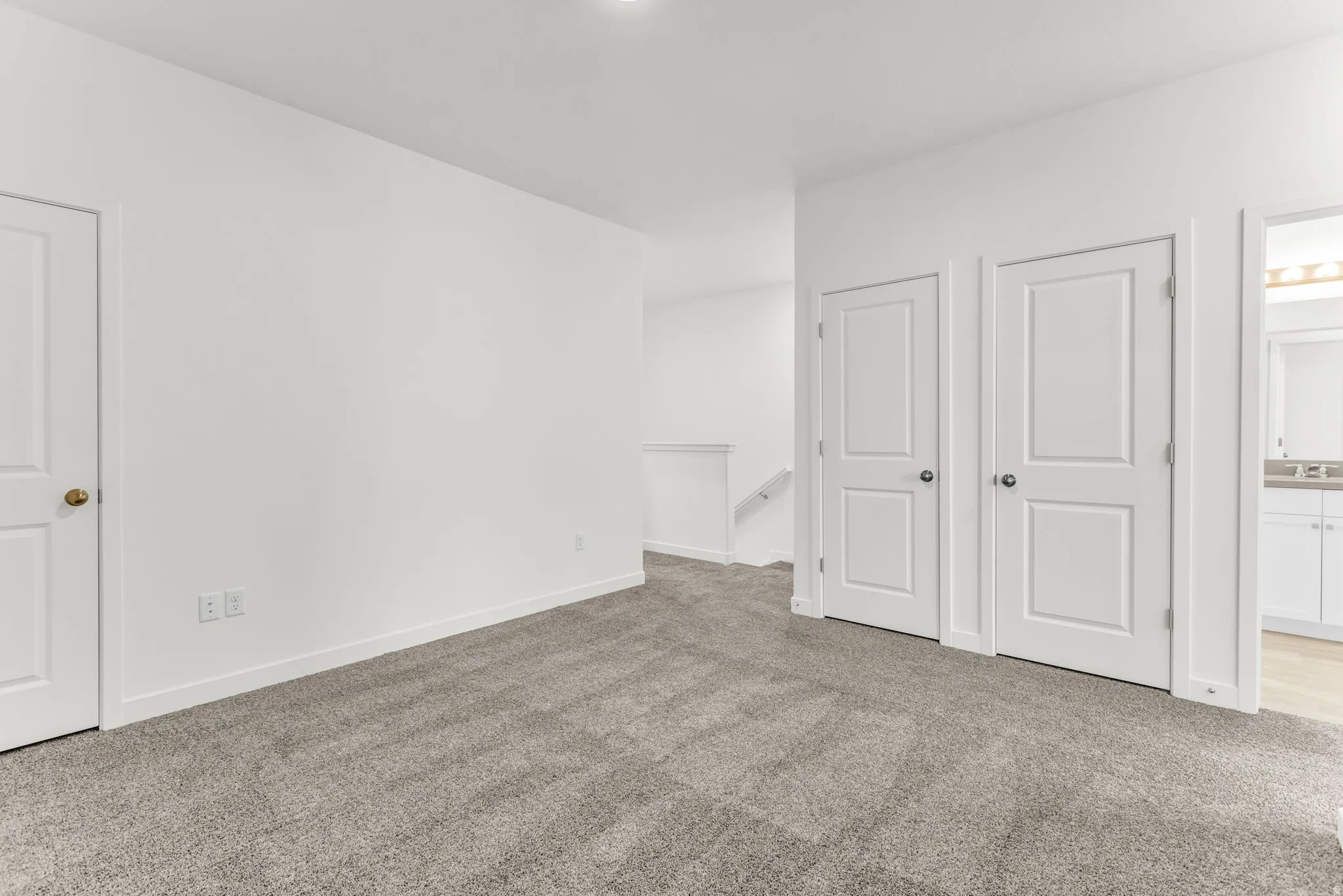 Wall-to-wall carpeting and white walls with white trim