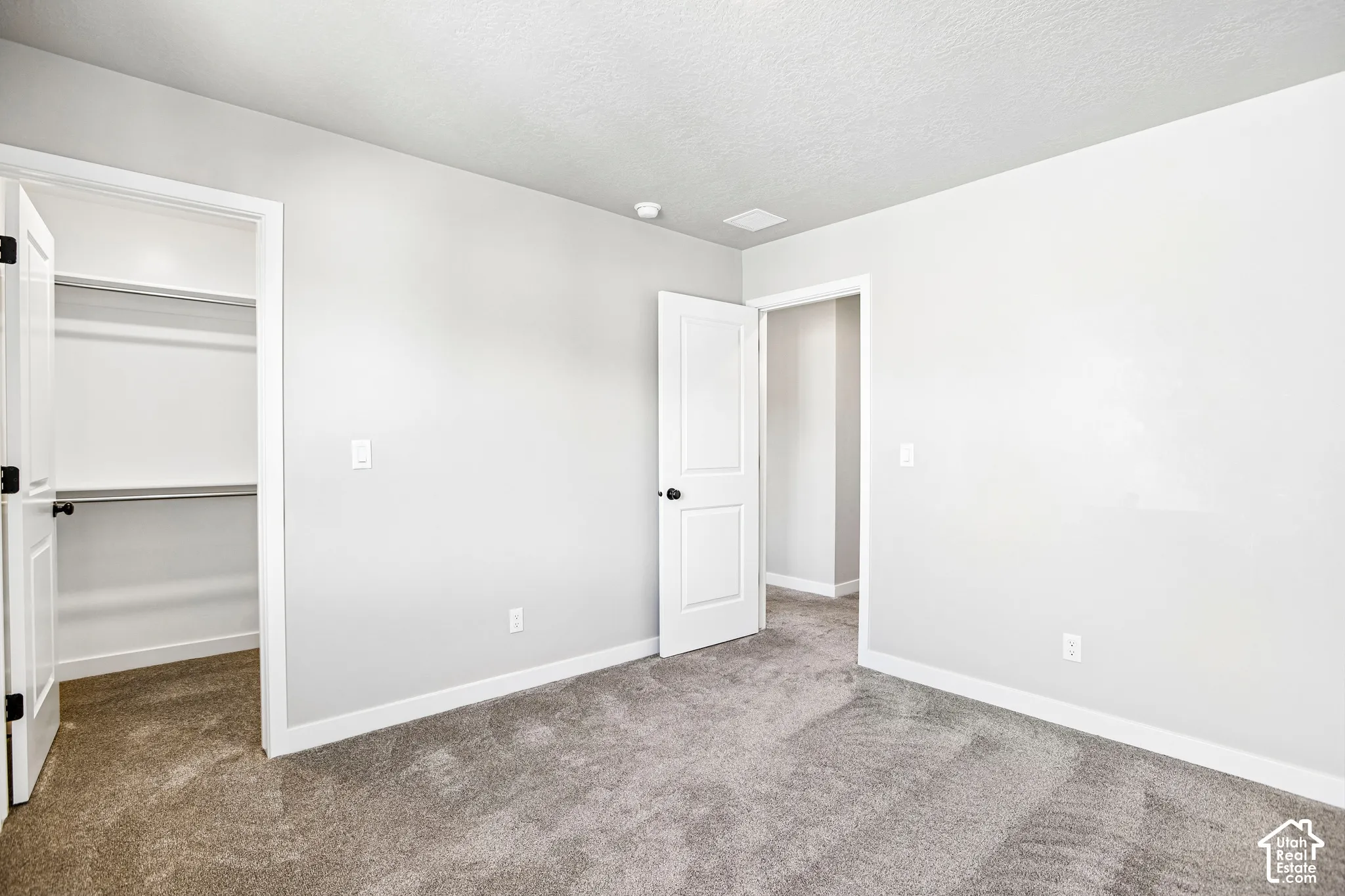 Neutral paint palette with textured carpeting, white trim, and a built-in closet system