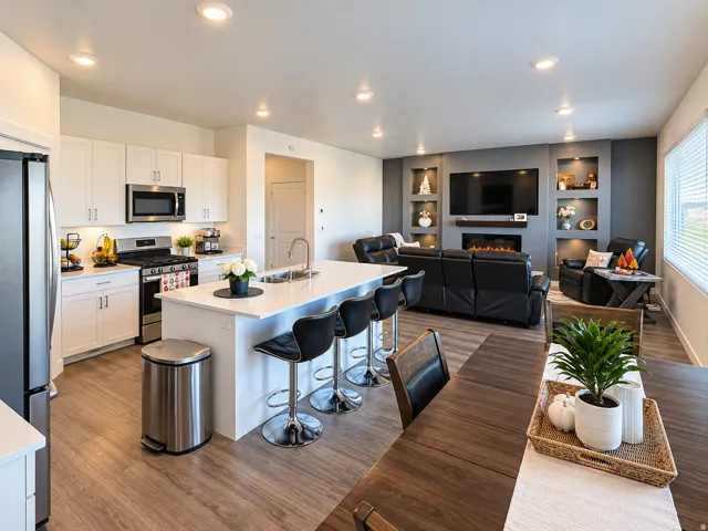 Open-concept layout featuring wood-finish flooring, recessed lighting, and a kitchen island with seating