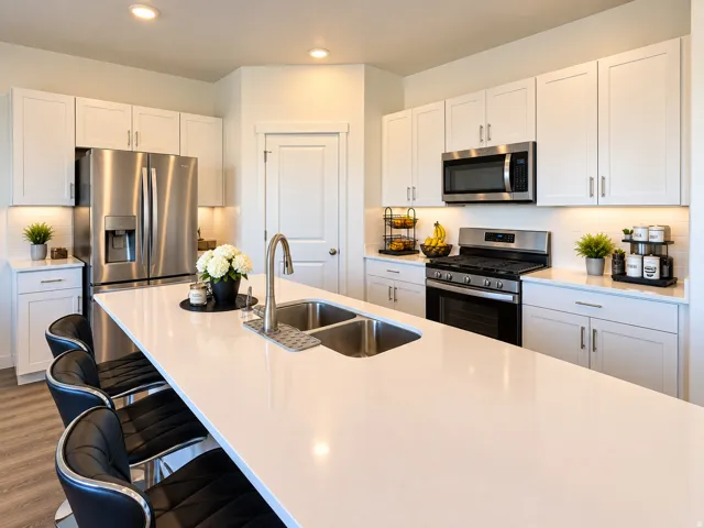 Kitchen featuring white shaker cabinetry, stainless steel appliances, a large island with an undermount double basin sink, and recessed lighting