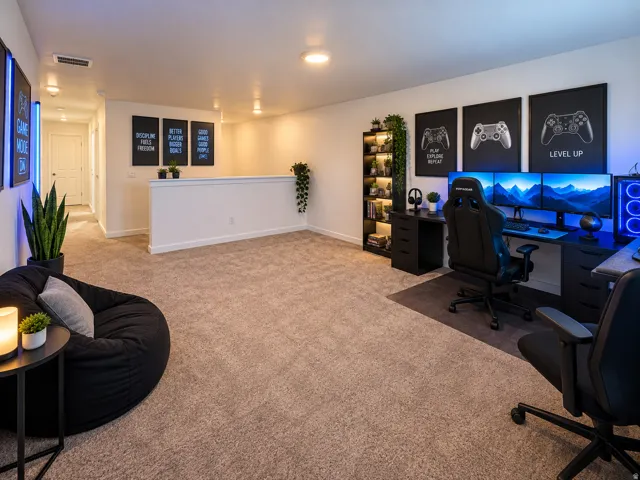 Carpeted recreation room with recessed lighting and a built-in half-wall
