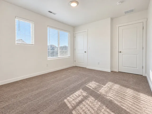 Neutral-toned carpeting, two windows with blinds, two paneled interior doors, and a ceiling-mounted light fixture