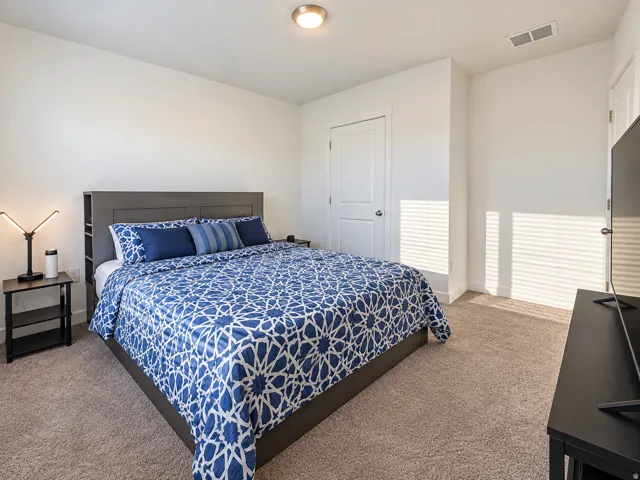 Plush carpet flooring, bright overhead lighting, and white interior doors