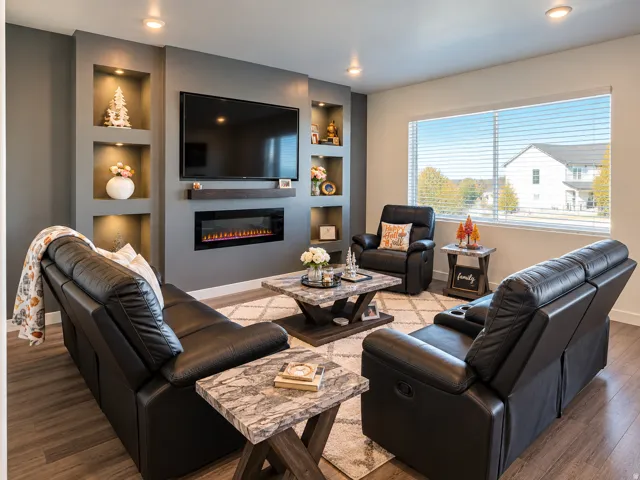 Recessed lighting, wood-finish flooring, accent wall with built-in shelving, electric fireplace with mantel, and a large window with blinds