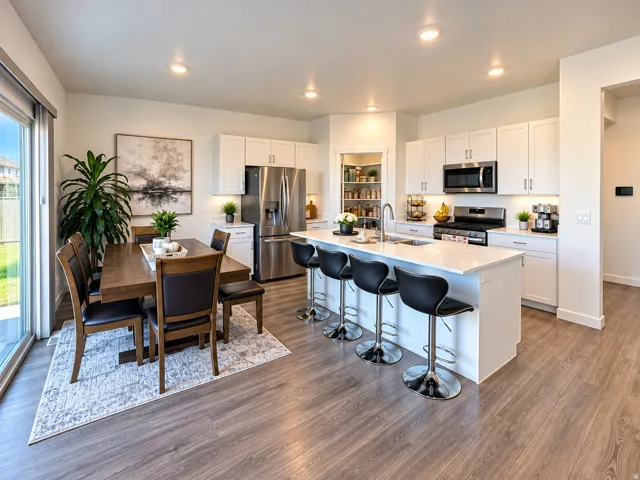 Modern kitchen featuring white cabinetry, stainless steel appliances, a center island with bar seating, and wood-finish flooring
