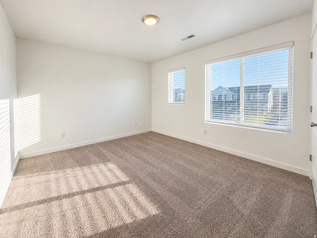 Neutral tone carpeting, multiple windows, overhead flush-mount lighting, and white trim