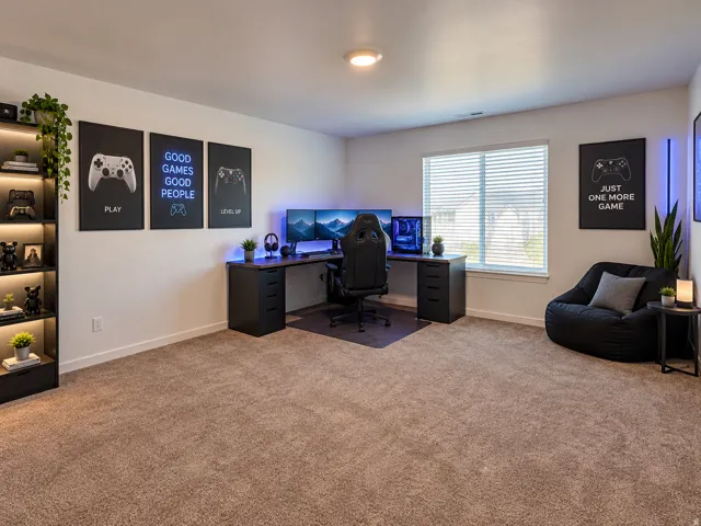 Carpeted room with a large window featuring horizontal blinds, a ceiling-mounted light fixture, and a built-in shelving unit with integrated lighting