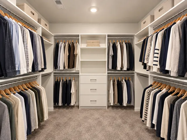 Custom closet organization system featuring white shelving, multiple hanging rods, built-in drawers, and flush-mount ceiling lighting