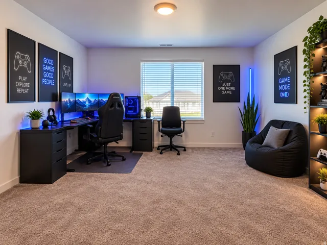 Dedicated home office featuring dual workstations with built-in desk surfaces, ergonomic seating, and ambient blue accent lighting
